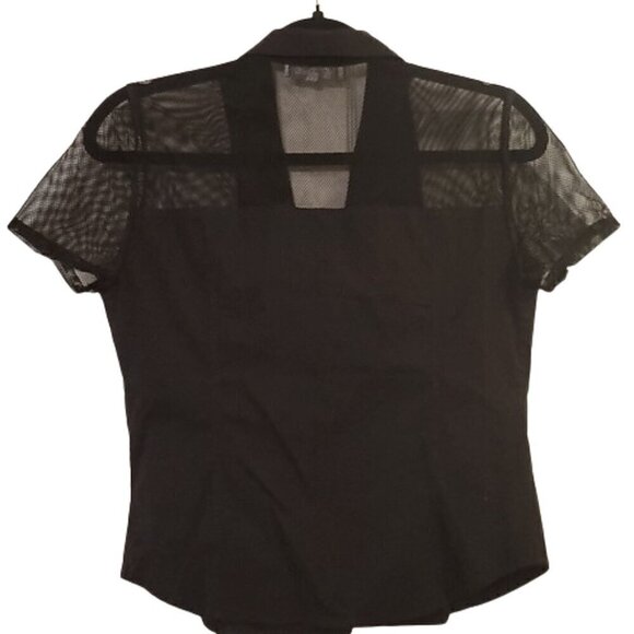 Black Mesh Insert Short Sleeve Womans Button Up Stretch Shirt Size Small - Picture 4 of 6